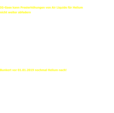 IG-GASE Newsletter vom 11.11.2018 IG-Gase kann Presierhöhungen von Air Liquide für Helium  nicht weiter abfedern  Air Liquide muss wegen des Embargos gegen Katar und wegen der Endlichkeit der verfügbaren Heliumreserven, den Preis für He im kommenden Jahr anheben.   Die IG-Gase kann diesmal den Preis leider nicht - wie in den vergagenen Jahren - abfedern, bleibt aber unter dem Strich  immer noch günstiger, als manch anderer "Mitstreiter". Die ab 01.01.2019 gültigen Preise können im Mitgleiderbereich eingesehen werden.   Die Preise von Westfalen bleiben vorerst zwar unverändert, trotzdem empfiehlt die IG gerade Händlern/Großverbrauchern: Bunkert vor 01.01.2019 nochmal Helium nach!   Thore Adler und Manuel Schertler Kontakt Manuel Schertler:	0175 / 82 55 93 0 Thore Adler: 	0172 / 68 15 24 3  Email:	ig@ig-gase.de WEB:	www.ig-gase.de Like us on Facebook